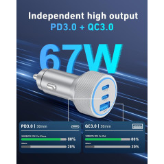 Chargeur Voiture WODENTA 67W USB C 3 Ports pour iPhone/iPad