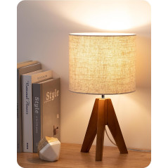 EDISHINE Tripod Table Lamp, 14.2 Small Bedside Lamp with Beige Linen Shade & Light Brown Wood Base, E26 Socket