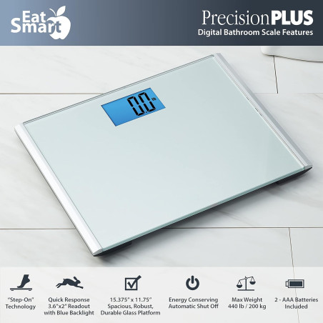 Eat Smart Precision Plus Digital Bathroom Scale, 440-lb Capacity, Wide Platform, Step-On Technology, Grey