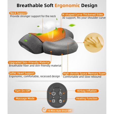 Upalled Cordless Heated Neck Massager Pillow, 3-in-1 Rechargeable Deep Tissue Pain Relief & Cervical Traction, Grey
