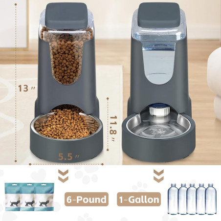 Automatic Cat & Dog Feeder with 2 Stainless Steel 1-Gallon Bowls - Gravity Food & Water Dispenser for Small to Medium Pe