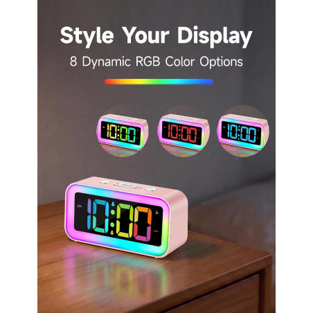 Cadmos Cute Pink Alarm Clock with RGB Night Light - Small, Perfect for Girls' Bedroom & Kawaii Gifts