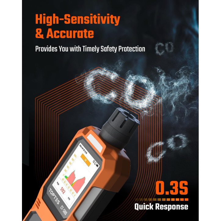 TOPTES CT-580 Portable Rechargeable Carbon Monoxide Detector with Vibration, Visual & Audible Alarms, TFT Display